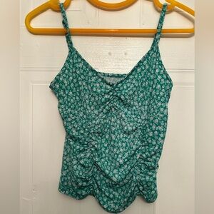 Green Floral Ruched Cropped Tank Top.
